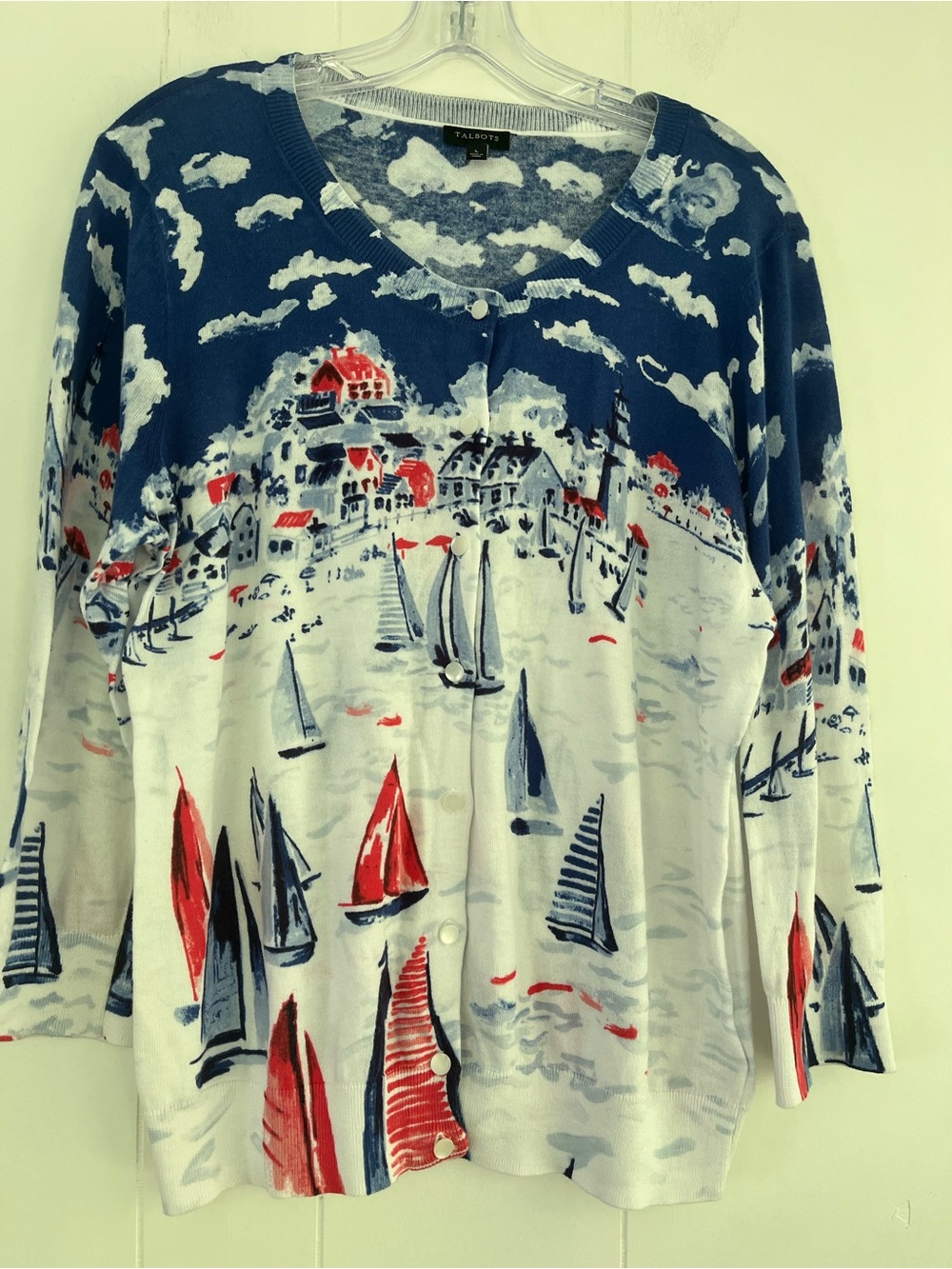 TALBOTS Sailboat Regatta Cotton Cardigan Size Large  Nautical - Picture 9 of 13